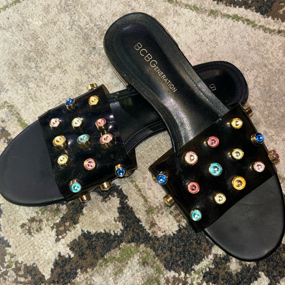 BCBGENERATION womens 7.5 black gemstone slides jelly sandals y2k girlie fun shoe